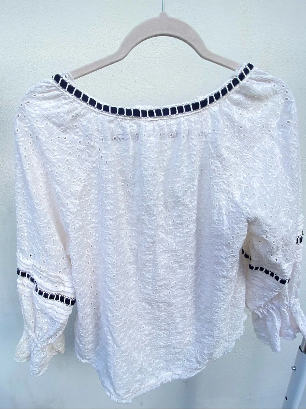 Free People White Eyelet Lace & Navy Blue Velvet Bishop Sleeve Top Size XS
